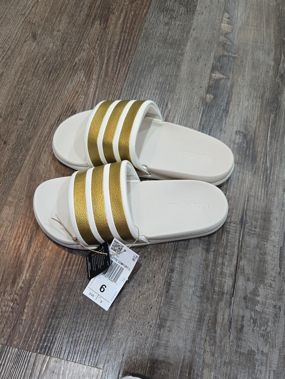 adidas White Slides with Gold Stripes